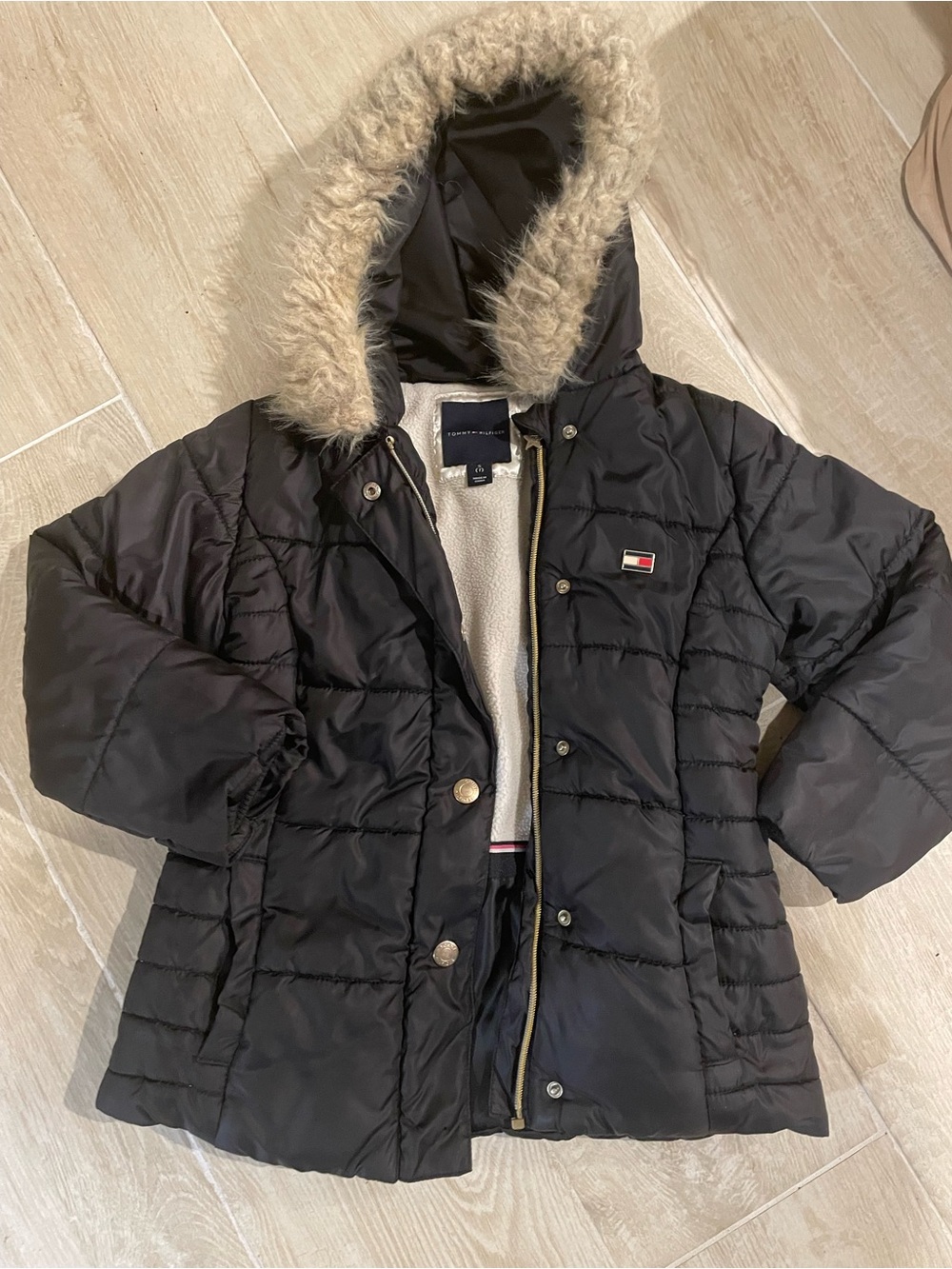 Tommy Hilfiger Kids Black Puffer Coat with Faux Fur-Trim Hood